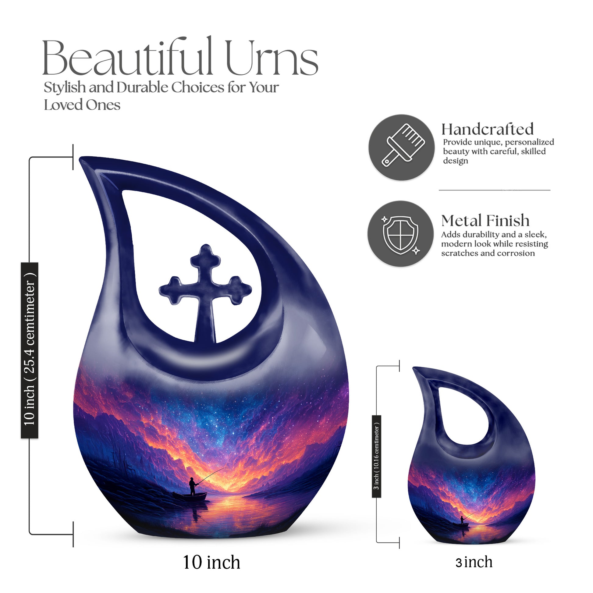Steel Blue Fishing Cremation Urn back view with polished surface - devotional cross-drop fishing engraving - mini keepsake memorial for portion of cremation ashes