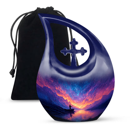 Vivid Blue Fishing Cremation Urn top-down view of secure threaded lid - devotional cross-drop fishing engraving - full-size 10 inch 200 cubic inch adult cremation urn