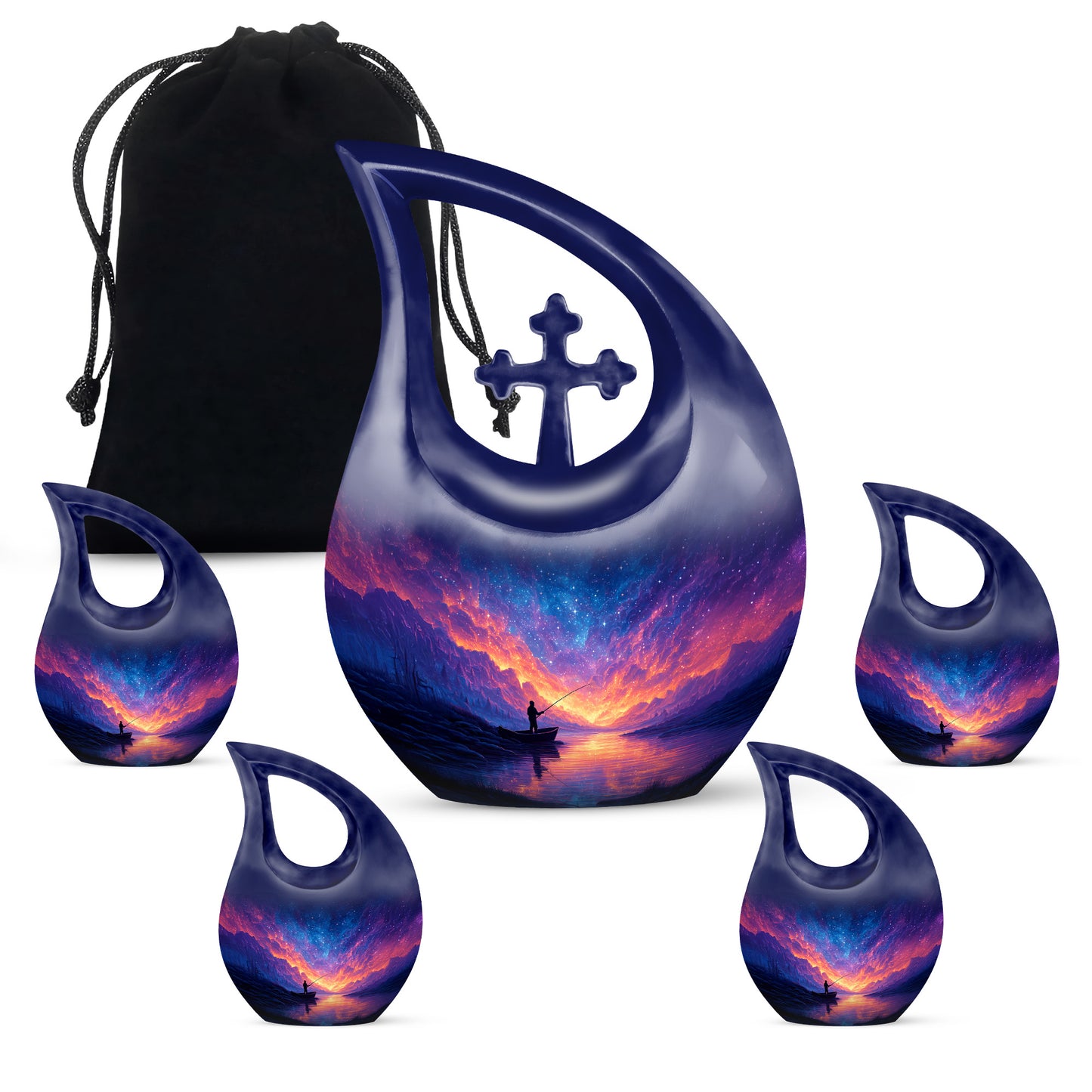 Pastel Blue Fishing Cremation Urn urn with complimentary velvet bag - cross and fishing combined in spiritual memorial design - memorial set with one large and four small urns
