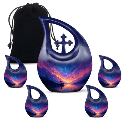 Pastel Blue Fishing Cremation Urn urn with complimentary velvet bag - cross and fishing combined in spiritual memorial design - memorial set with one large and four small urns