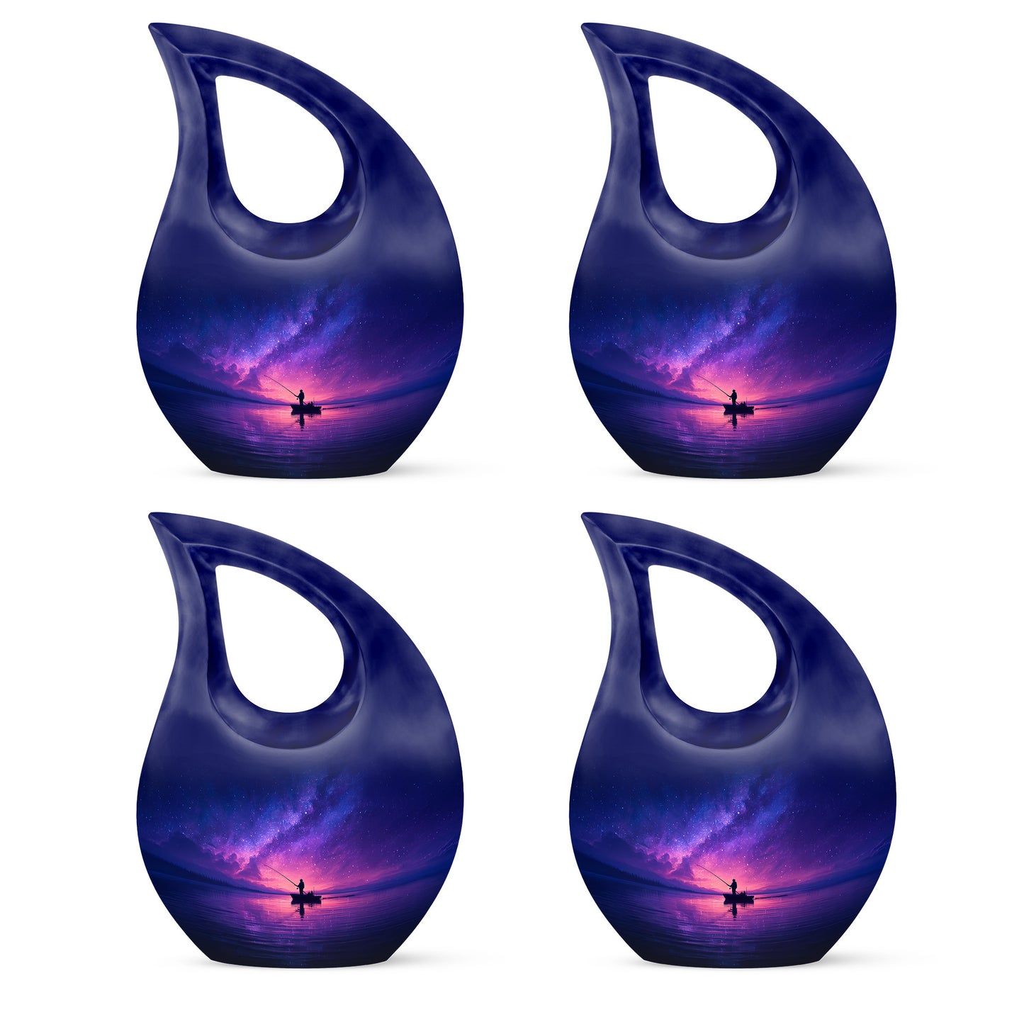 Indigo Fishing Cremation Urn lifestyle display on memorial shelf - cross and fishing combined in spiritual memorial design - 10 inch aluminum urn for cremated remains