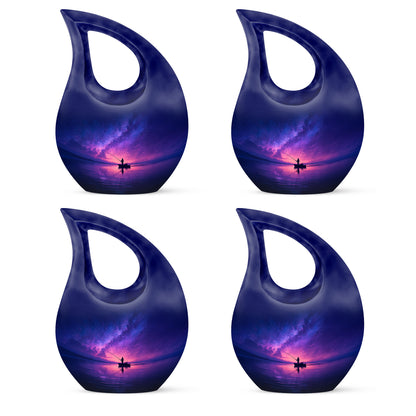 Indigo Fishing Cremation Urn lifestyle display on memorial shelf - cross and fishing combined in spiritual memorial design - 10 inch aluminum urn for cremated remains