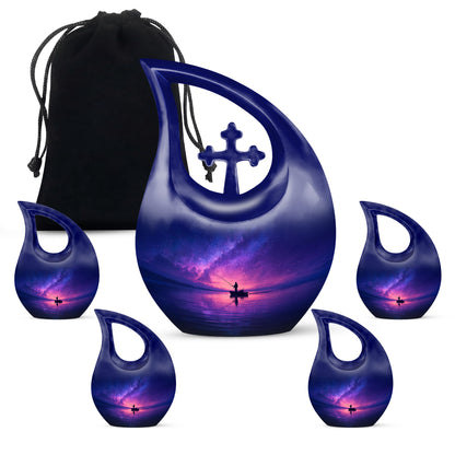 Vivid Blue Fishing Cremation Urn urn with complimentary velvet bag - faith-inspired cross-drop urn with fishing pattern - memorial set with one large and four small urns