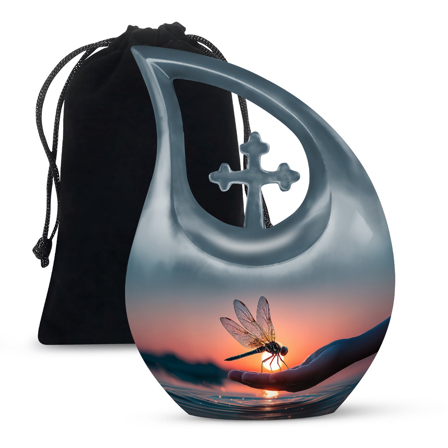 Dusty Blue Dragonfly Cremation Urn top-down view of secure threaded lid - cross and dragonfly combined in spiritual memorial design - full-size 10 inch 200 cubic inch adult cremation urn