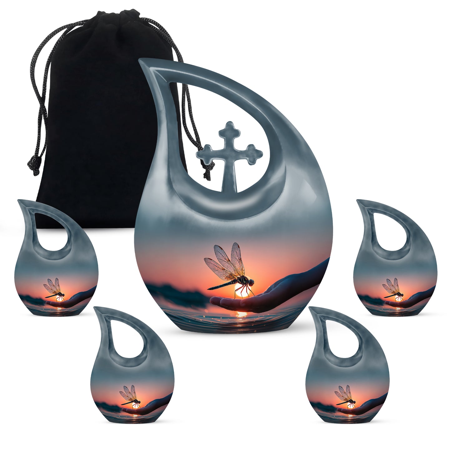 Sapphire Blue Dragonfly Cremation Urn urn with complimentary velvet bag - faith-inspired cross-drop urn with dragonfly pattern - memorial set with one large and four small urns