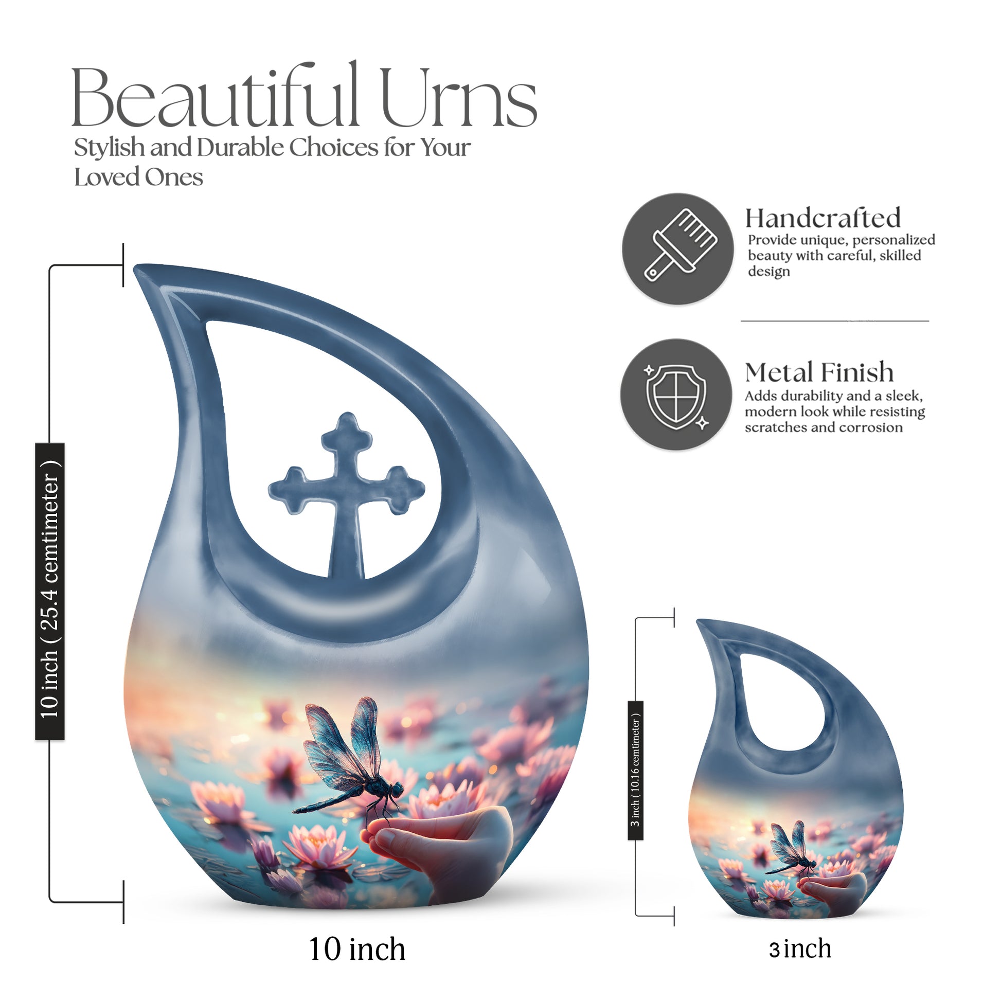 Sunrise Gold Dragonfly Cremation Urn back view with polished surface - cross and dragonfly combined in spiritual memorial design - mini keepsake memorial for portion of cremation ashes