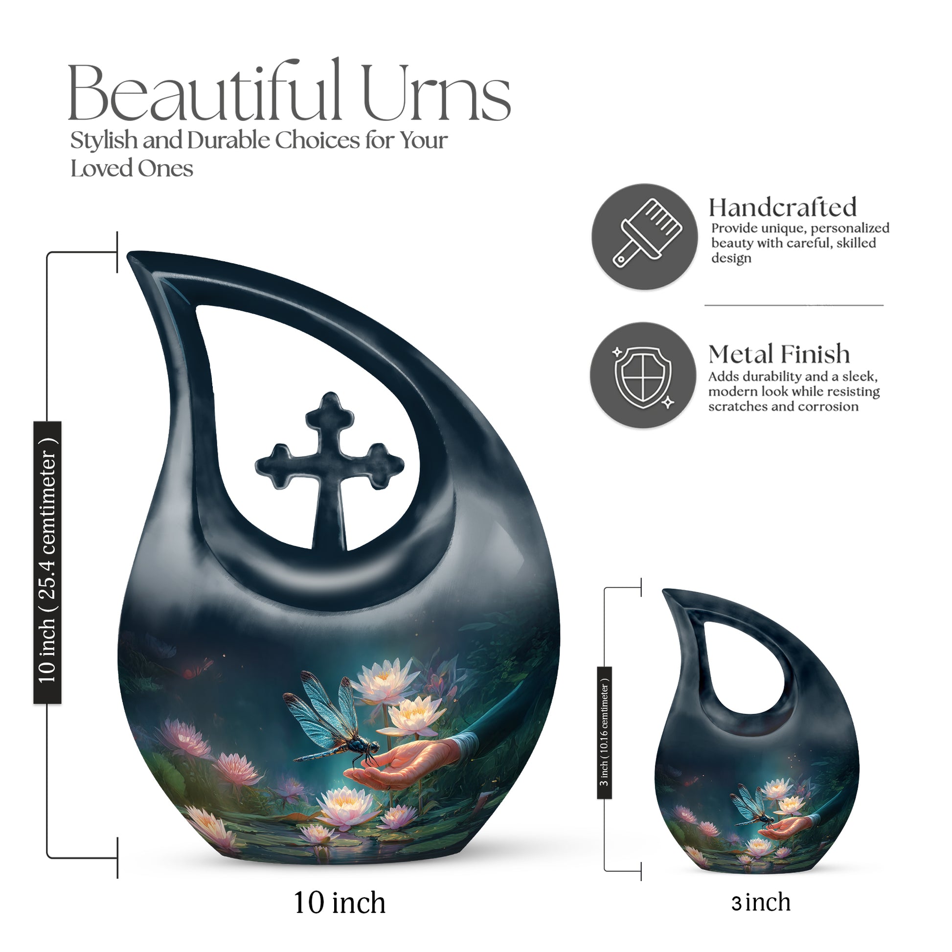 Azure Dragonfly Cremation Urn back view with polished surface - sacred cross merged with dragonfly motif on metal - mini keepsake memorial for portion of cremation ashes