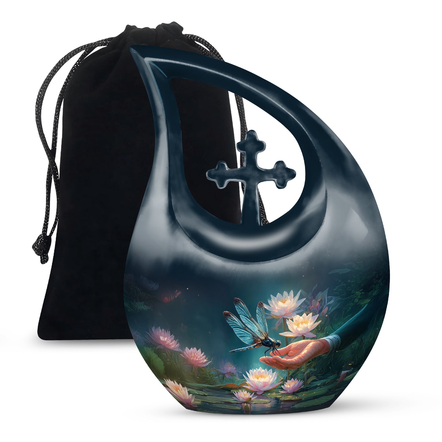 Azure Dragonfly Cremation Urn top-down view of secure threaded lid - cross and dragonfly combined in spiritual memorial design - full-size 10 inch 200 cubic inch adult cremation urn