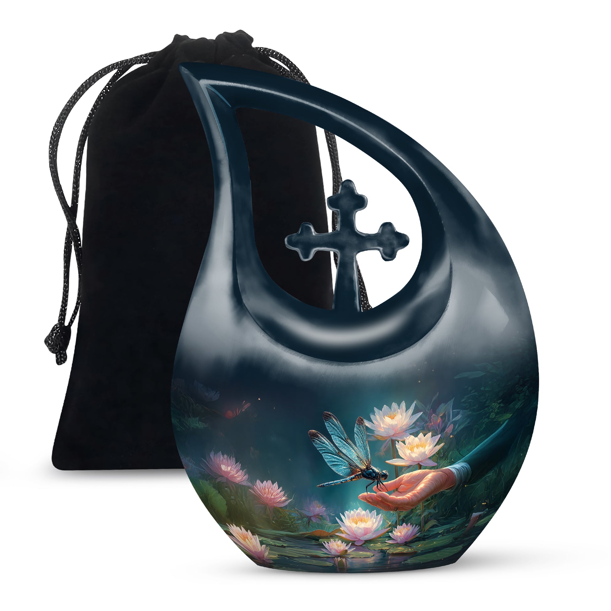 Azure Dragonfly Cremation Urn top-down view of secure threaded lid - cross and dragonfly combined in spiritual memorial design - full-size 10 inch 200 cubic inch adult cremation urn