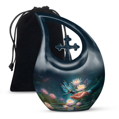Azure Dragonfly Cremation Urn top-down view of secure threaded lid - cross and dragonfly combined in spiritual memorial design - full-size 10 inch 200 cubic inch adult cremation urn