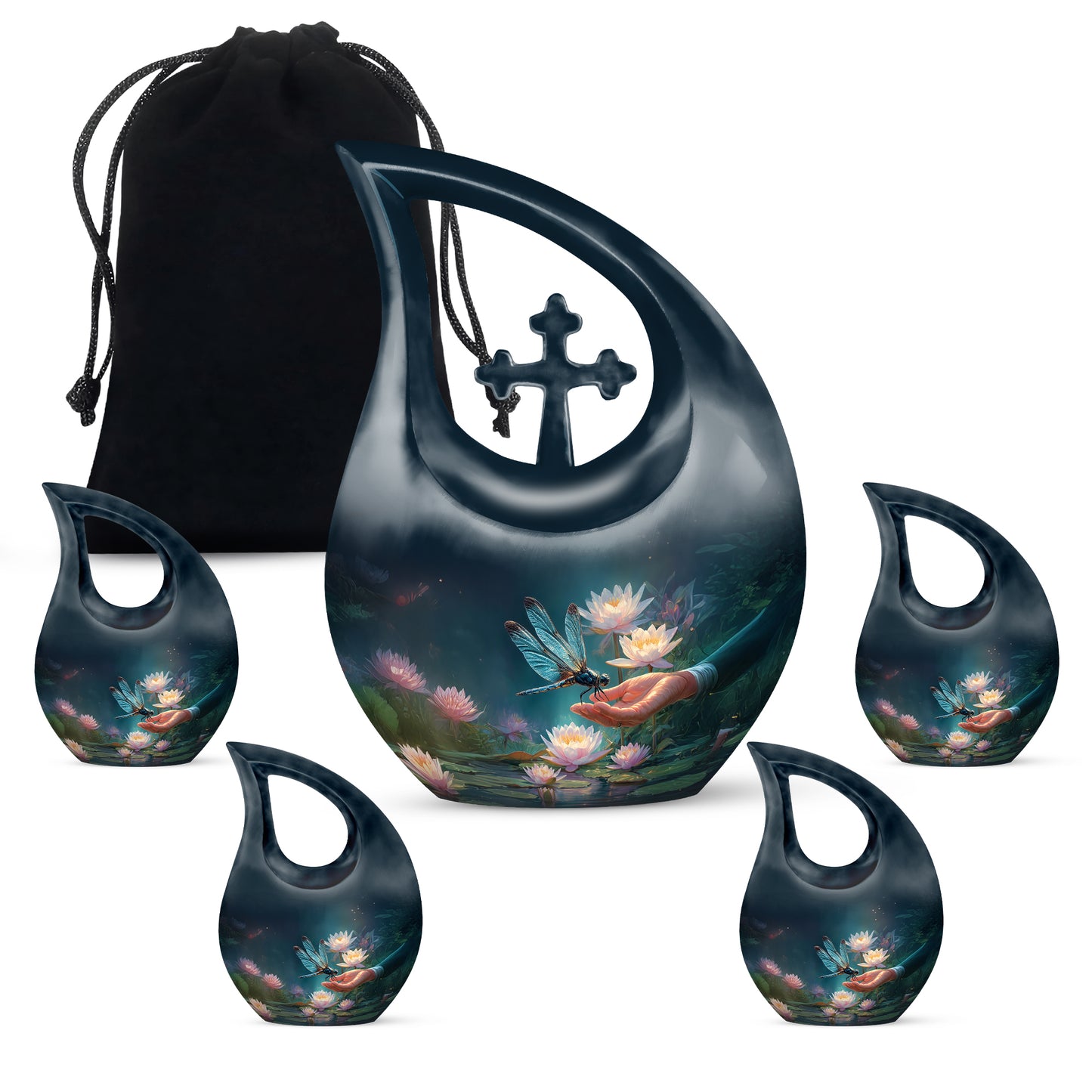 Cornflower Blue Dragonfly Cremation Urn urn with complimentary velvet bag - faith-inspired cross-drop urn with dragonfly pattern - memorial set with one large and four small urns