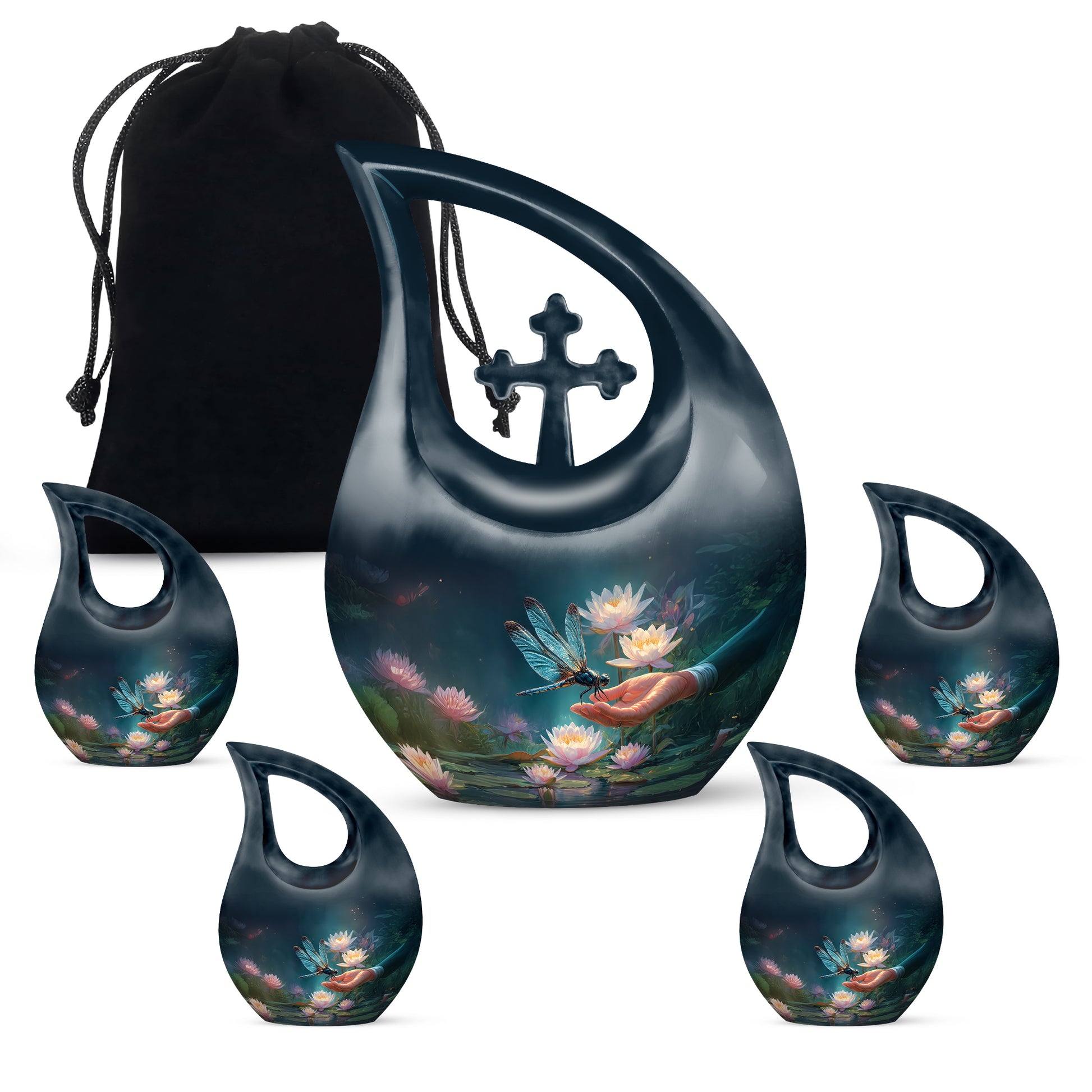 Cornflower Blue Dragonfly Cremation Urn urn with complimentary velvet bag - faith-inspired cross-drop urn with dragonfly pattern - memorial set with one large and four small urns