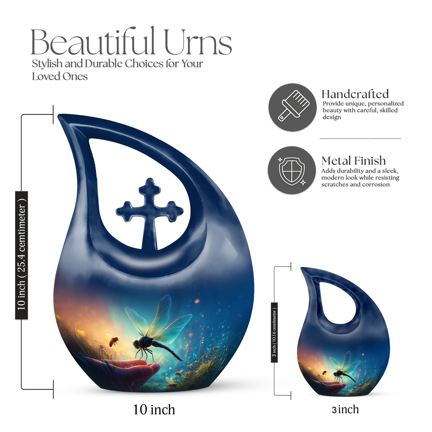 Pastel Blue Dragonfly Cremation Urn back view with polished surface - sacred cross merged with dragonfly motif on metal - mini keepsake memorial for portion of cremation ashes