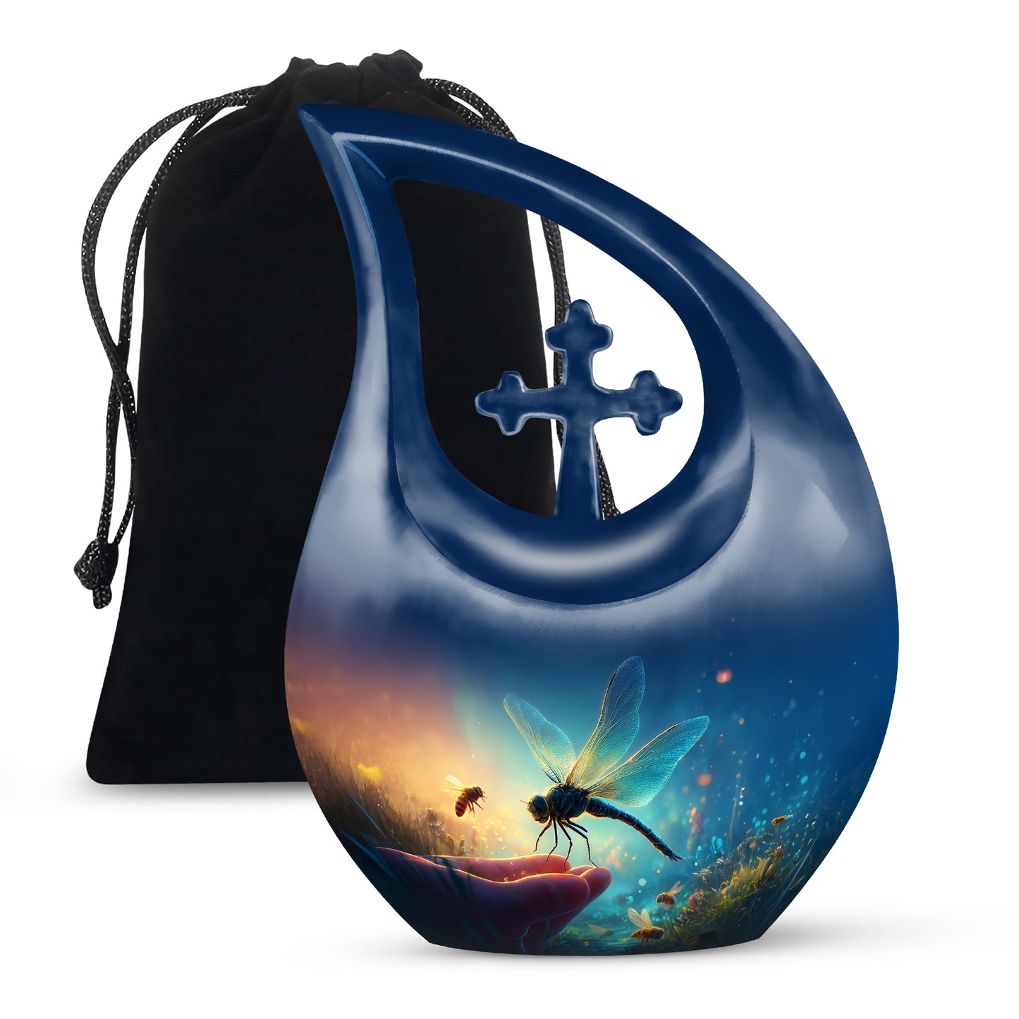 Indigo Dragonfly Cremation Urn top-down view of secure threaded lid - sacred cross merged with dragonfly motif on metal - full-size 10 inch 200 cubic inch adult cremation urn