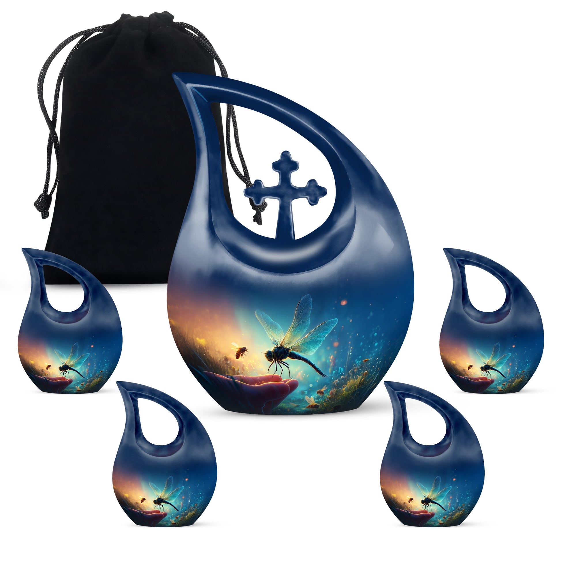 Cornflower Blue Dragonfly Cremation Urn urn with complimentary velvet bag - devotional cross-drop dragonfly engraving - memorial set with one large and four small urns