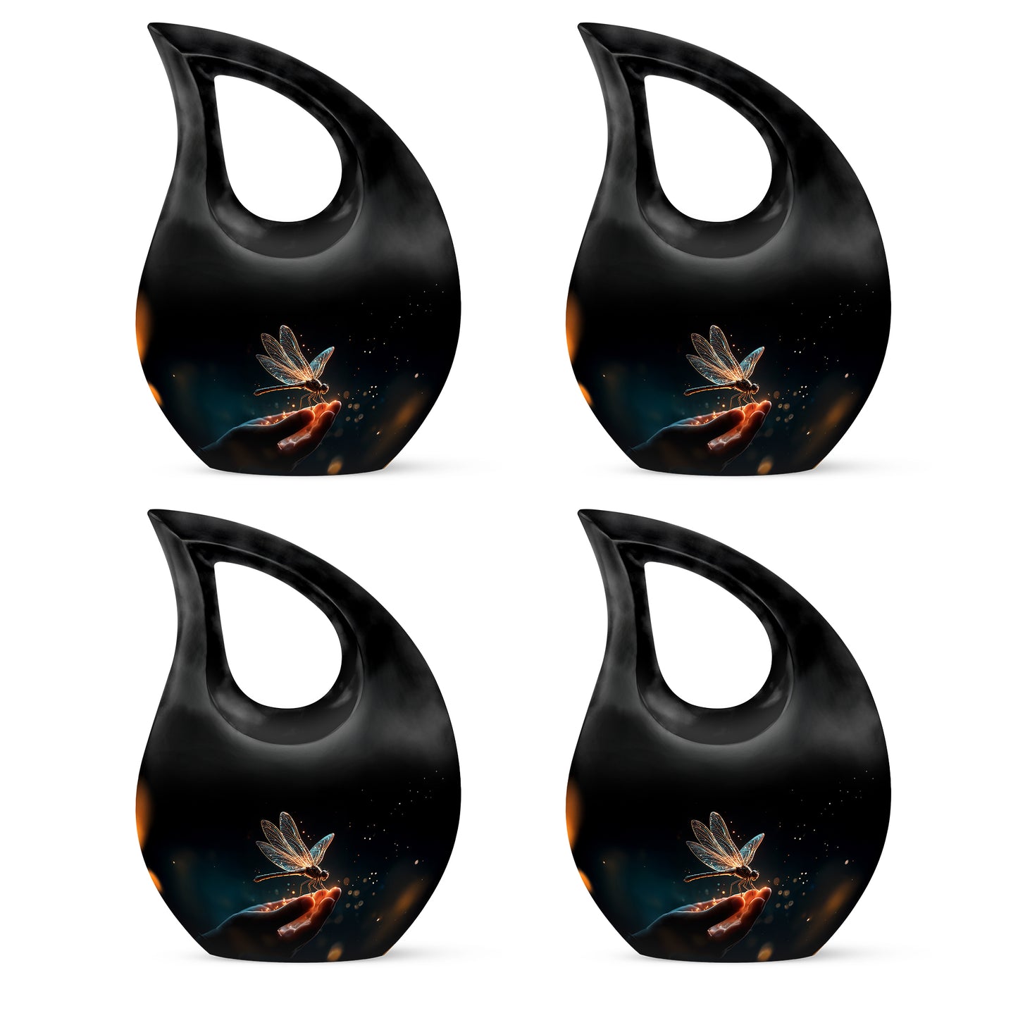 Glossy Black Dragonfly Cremation Urn lifestyle display on memorial shelf - cross and dragonfly combined in spiritual memorial design - 10 inch aluminum urn for cremated remains