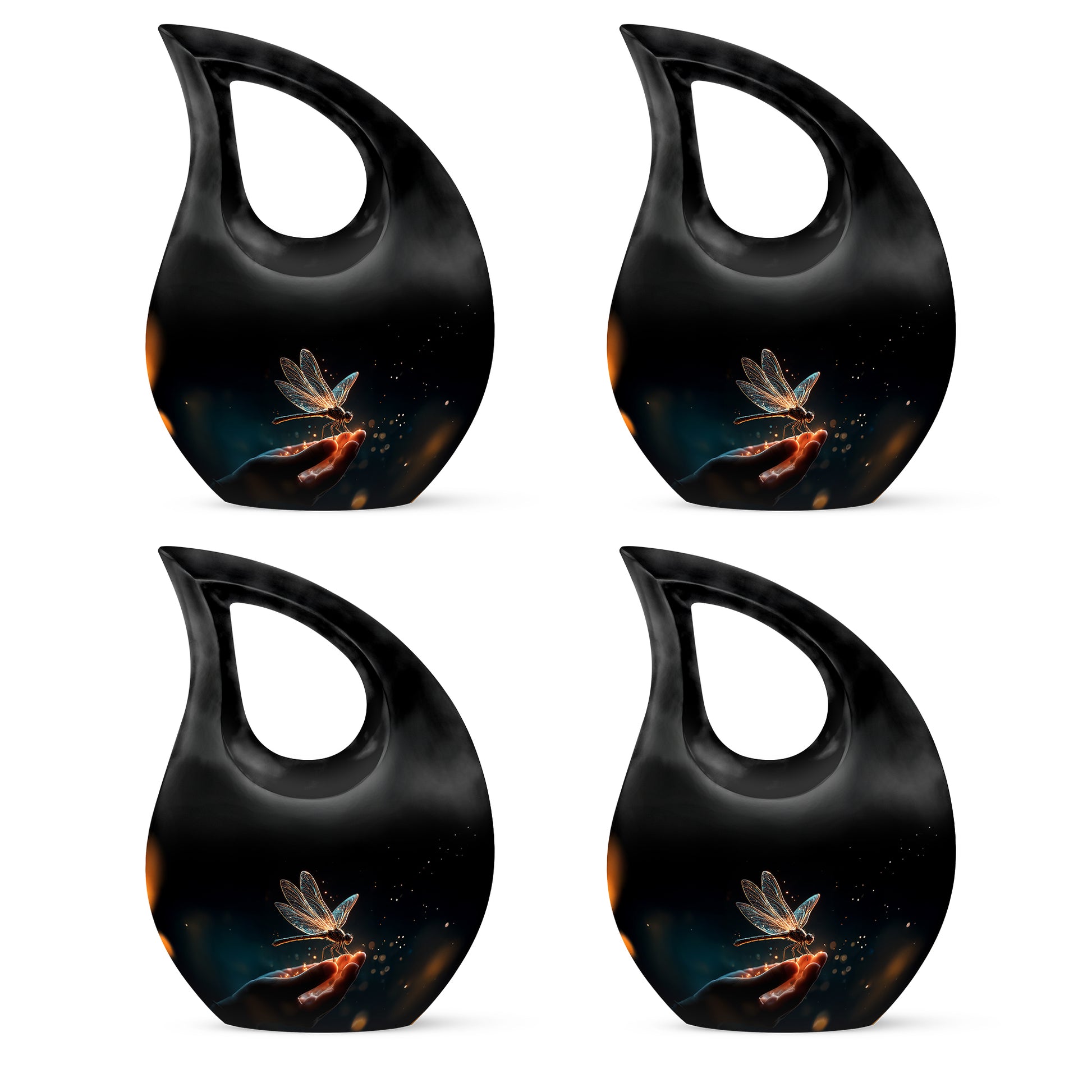 Glossy Black Dragonfly Cremation Urn lifestyle display on memorial shelf - cross and dragonfly combined in spiritual memorial design - 10 inch aluminum urn for cremated remains