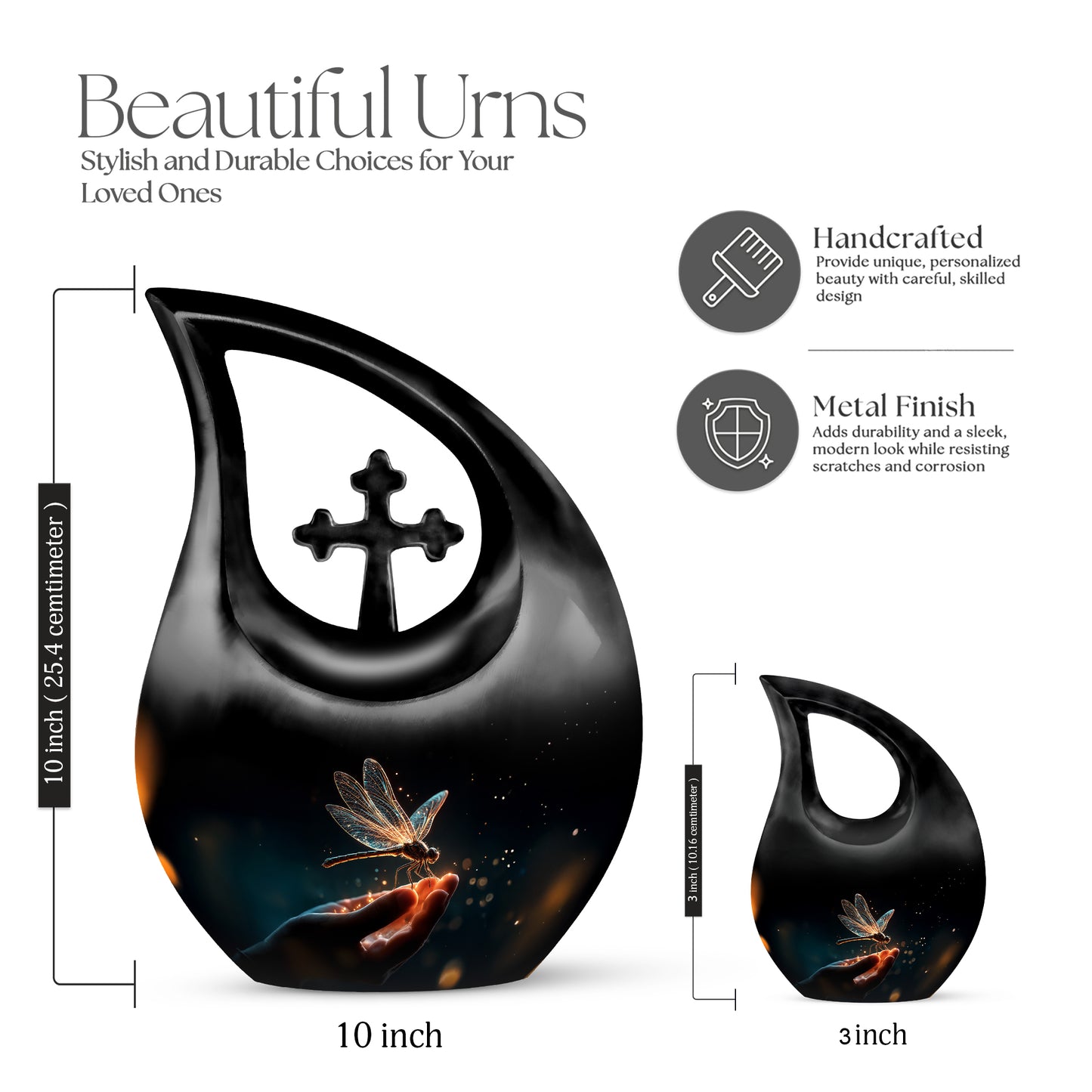 Dark Black Dragonfly Cremation Urn back view with polished surface - devotional cross-drop dragonfly engraving - mini keepsake memorial for portion of cremation ashes