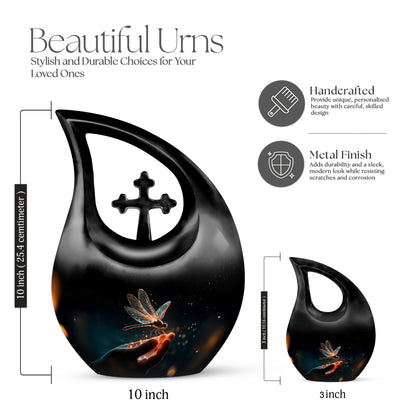 Dark Black Dragonfly Cremation Urn back view with polished surface - devotional cross-drop dragonfly engraving - mini keepsake memorial for portion of cremation ashes
