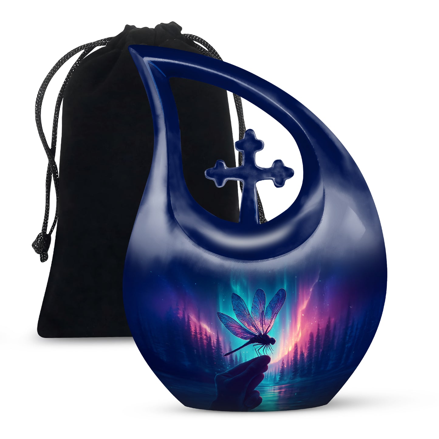 Cornflower Blue Dragonfly Cremation Urn top-down view of secure threaded lid - faith-inspired cross-drop urn with dragonfly pattern - full-size 10 inch 200 cubic inch adult cremation urn