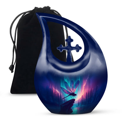 Cornflower Blue Dragonfly Cremation Urn top-down view of secure threaded lid - faith-inspired cross-drop urn with dragonfly pattern - full-size 10 inch 200 cubic inch adult cremation urn
