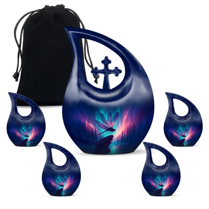 Bright Blue Dragonfly Cremation Urn urn with complimentary velvet bag - faith-inspired cross-drop urn with dragonfly pattern - memorial set with one large and four small urns