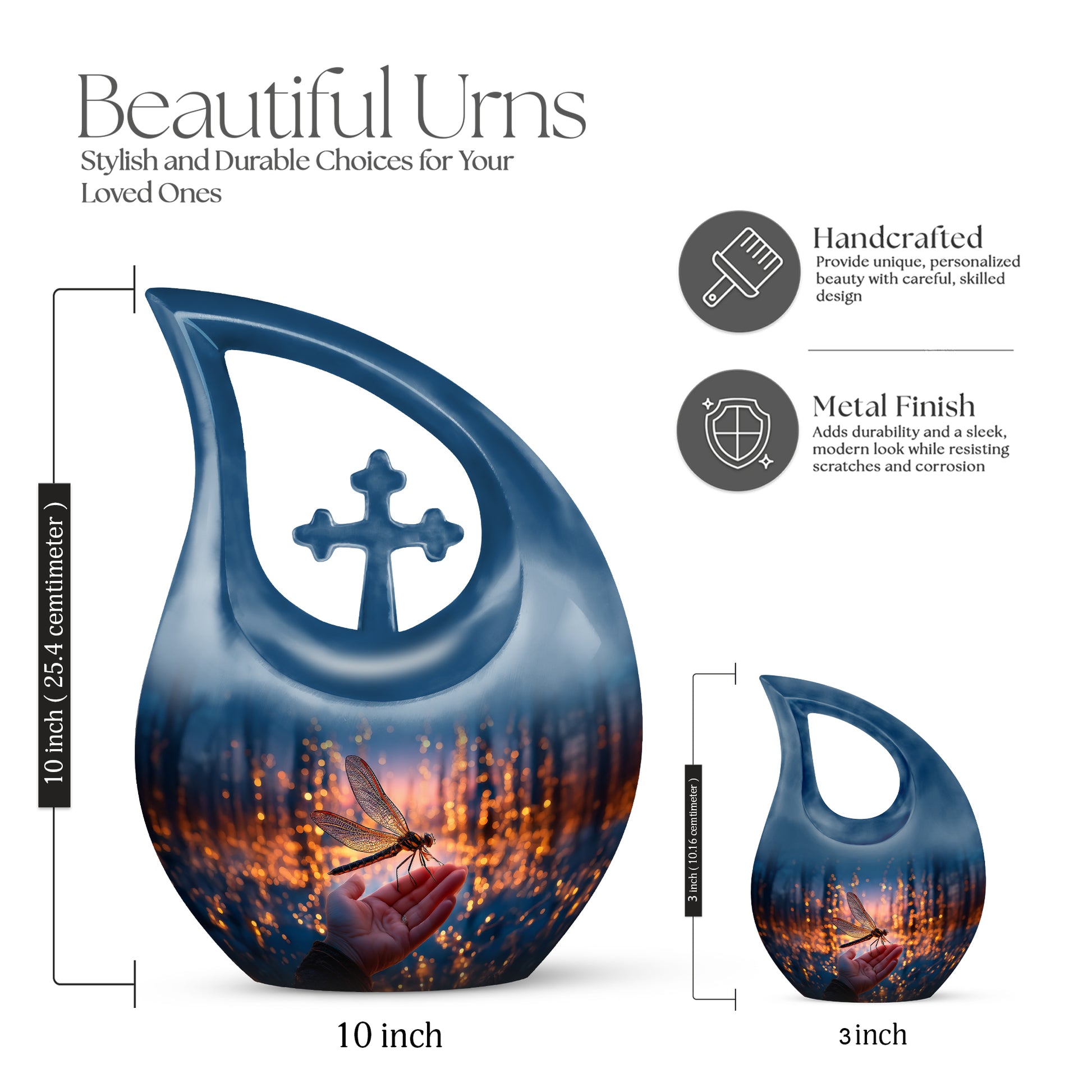 Azure Dragonfly Cremation Urn back view with polished surface - cross and dragonfly combined in spiritual memorial design - mini keepsake memorial for portion of cremation ashes