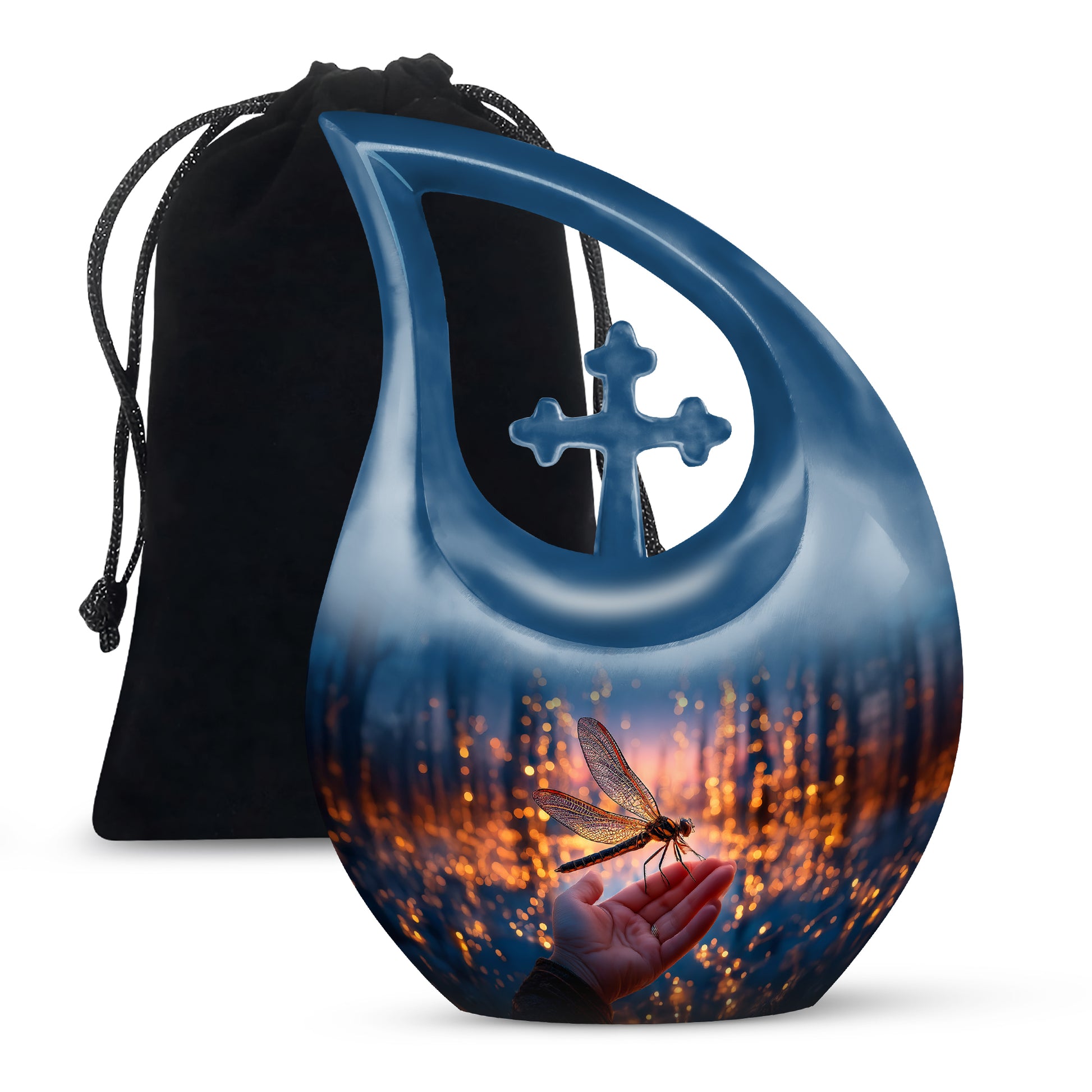 Twilight Blue Dragonfly Cremation Urn top-down view of secure threaded lid - faith-inspired cross-drop urn with dragonfly pattern - full-size 10 inch 200 cubic inch adult cremation urn