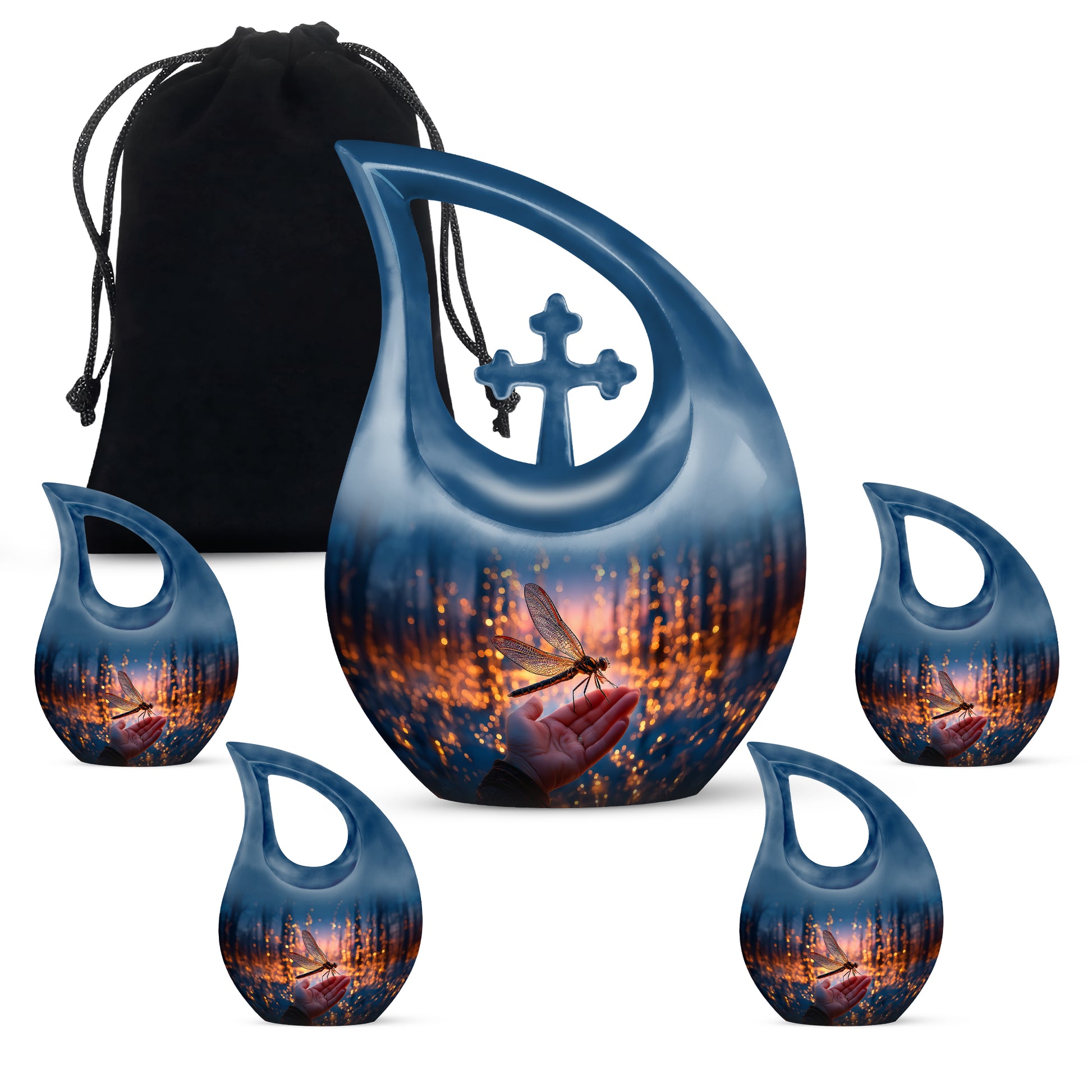 Cornflower Blue Dragonfly Cremation Urn urn with complimentary velvet bag - devotional cross-drop dragonfly engraving - memorial set with one large and four small urns