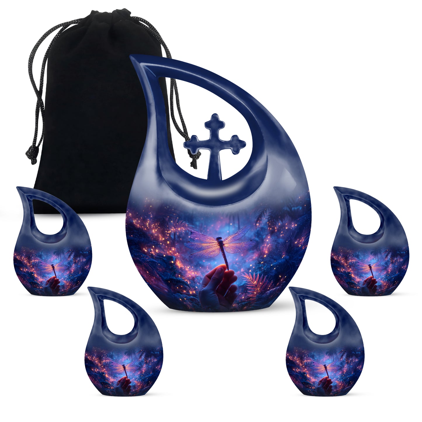 Slate Blue Dragonfly Cremation Urn urn with complimentary velvet bag - cross and dragonfly combined in spiritual memorial design - memorial set with one large and four small urns