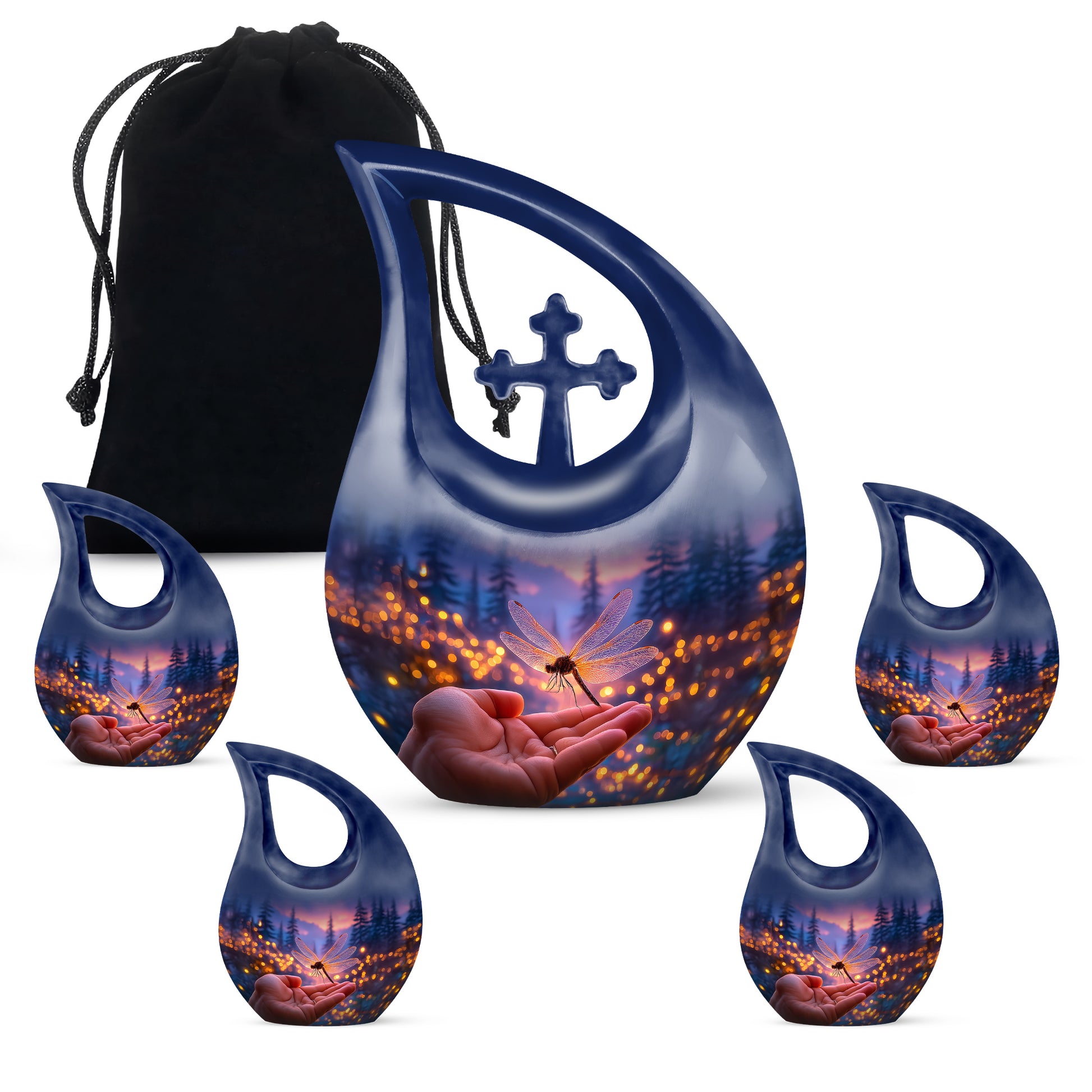 Dusty Blue Dragonfly Cremation Urn urn with complimentary velvet bag - cross and dragonfly combined in spiritual memorial design - memorial set with one large and four small urns