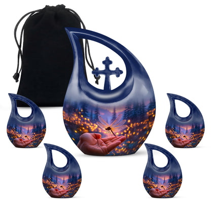 Dusty Blue Dragonfly Cremation Urn urn with complimentary velvet bag - cross and dragonfly combined in spiritual memorial design - memorial set with one large and four small urns