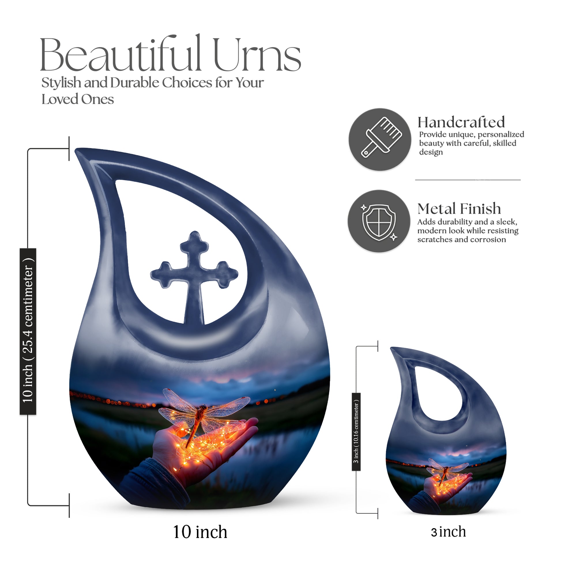 Pastel Blue Dragonfly Cremation Urn back view with polished surface - cross and dragonfly combined in spiritual memorial design - mini keepsake memorial for portion of cremation ashes