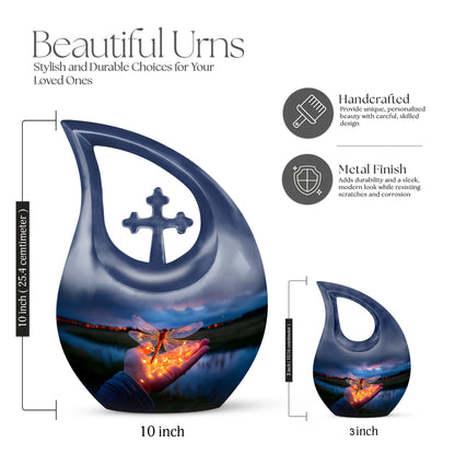 Pastel Blue Dragonfly Cremation Urn back view with polished surface - cross and dragonfly combined in spiritual memorial design - mini keepsake memorial for portion of cremation ashes