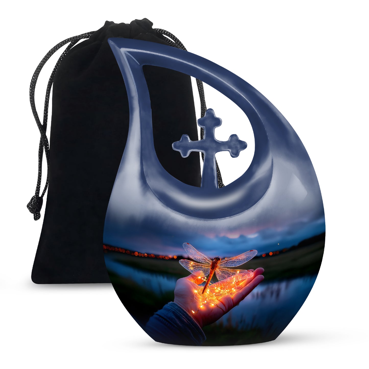 Icy Blue Dragonfly Cremation Urn top-down view of secure threaded lid - cross and dragonfly combined in spiritual memorial design - full-size 10 inch 200 cubic inch adult cremation urn