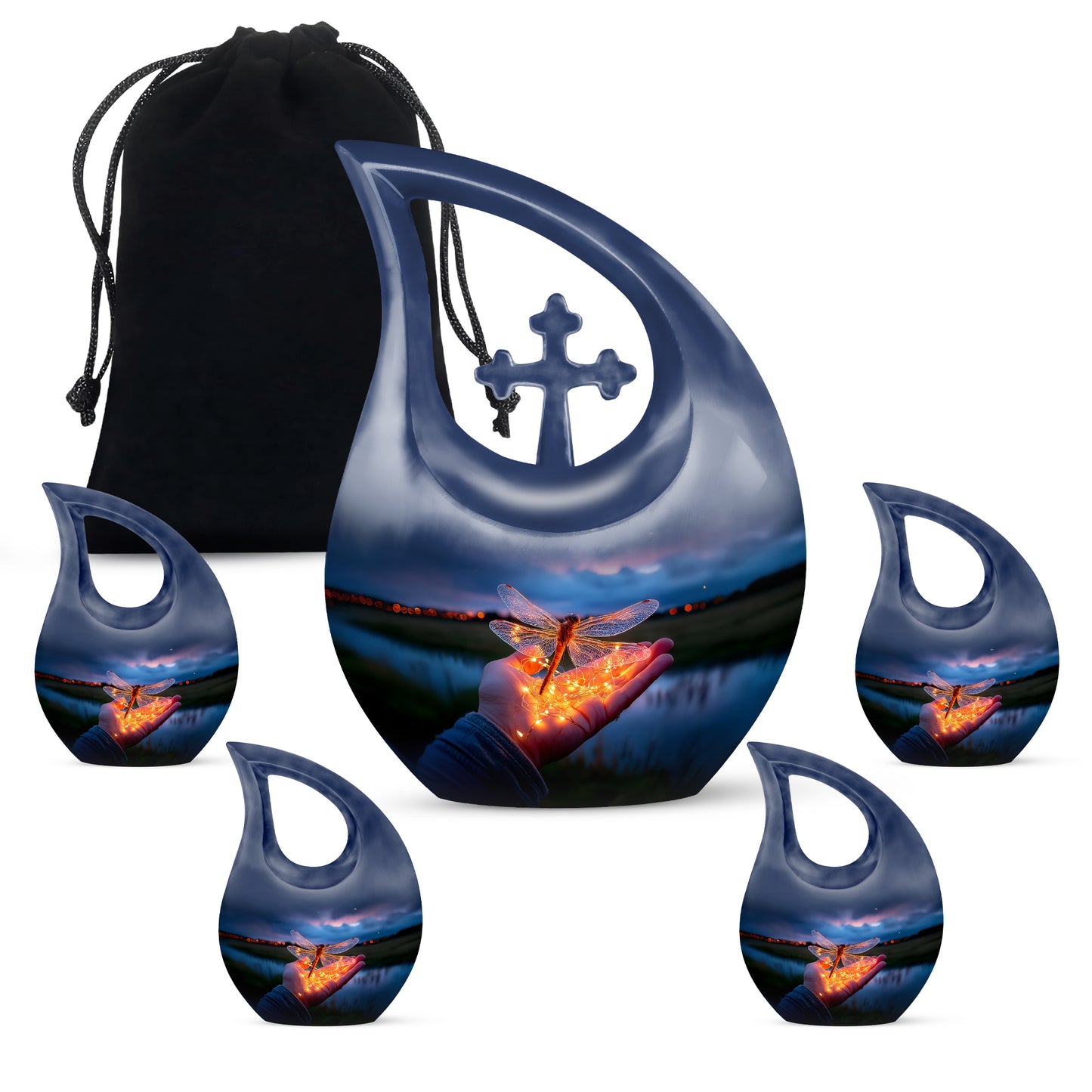 Powder Blue Dragonfly Cremation Urn urn with complimentary velvet bag - sacred cross merged with dragonfly motif on metal - memorial set with one large and four small urns