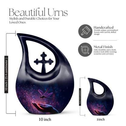 Dusty Blue Dragonfly Cremation Urn back view with polished surface - cross and dragonfly combined in spiritual memorial design - mini keepsake memorial for portion of cremation ashes