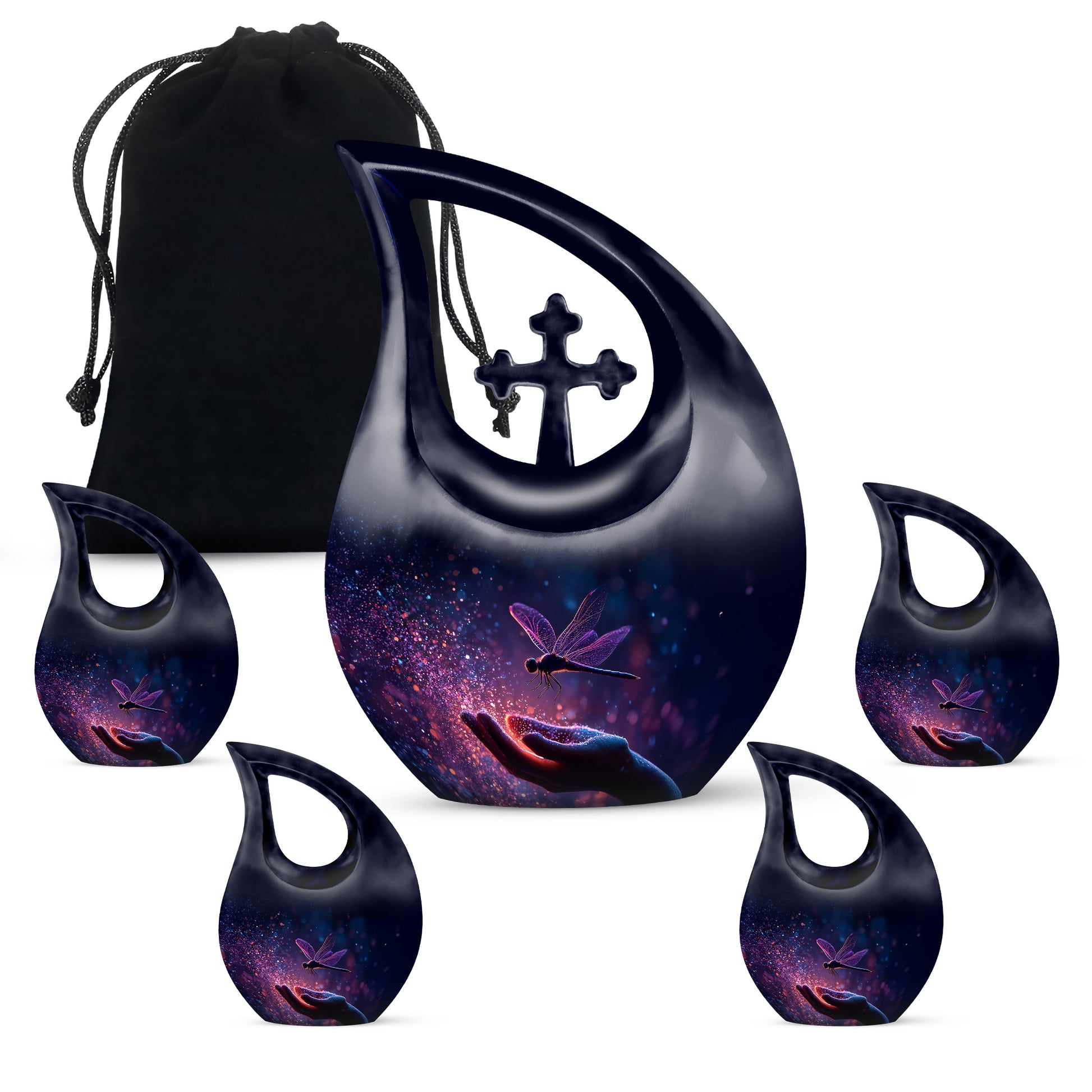 Twilight Blue Dragonfly Cremation Urn urn with complimentary velvet bag - devotional cross-drop dragonfly engraving - memorial set with one large and four small urns