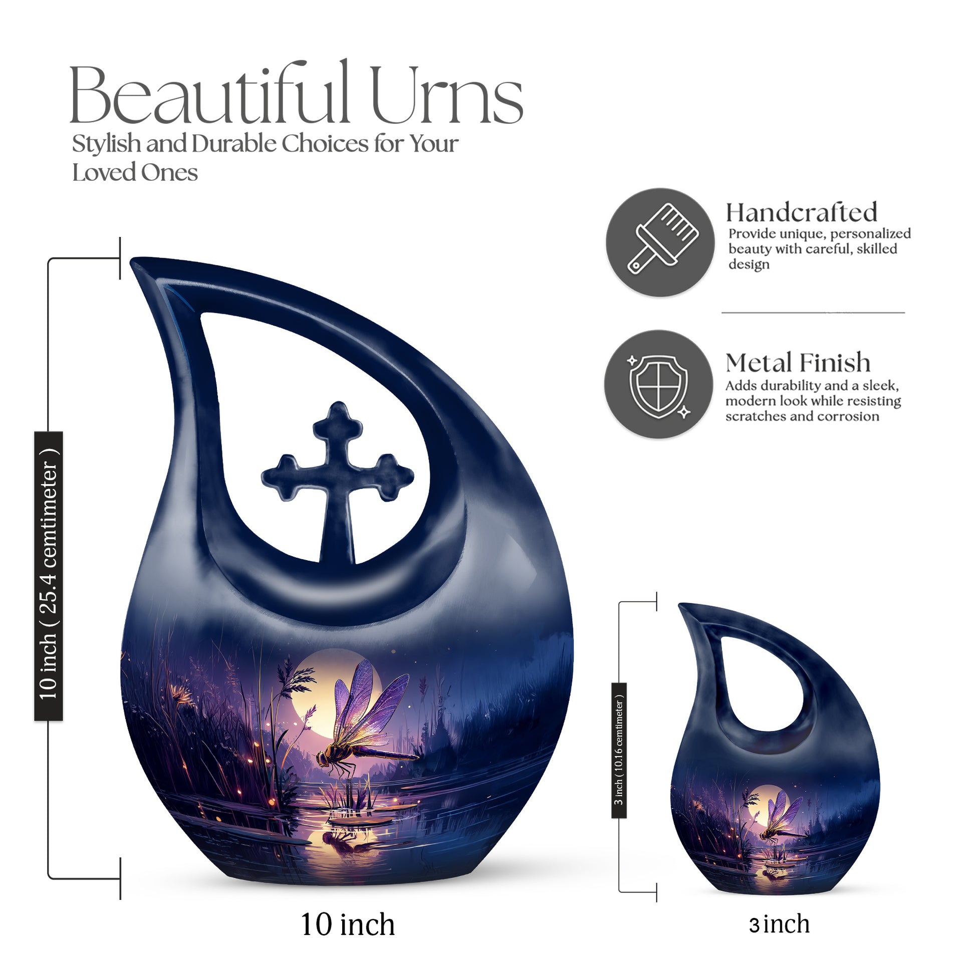 Powder Blue Dragonfly Cremation Urn back view with polished surface - cross and dragonfly combined in spiritual memorial design - mini keepsake memorial for portion of cremation ashes