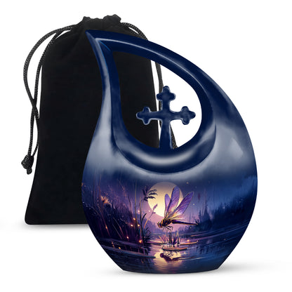 Serene Blue Dragonfly Cremation Urn top-down view of secure threaded lid - faith-inspired cross-drop urn with dragonfly pattern - full-size 10 inch 200 cubic inch adult cremation urn