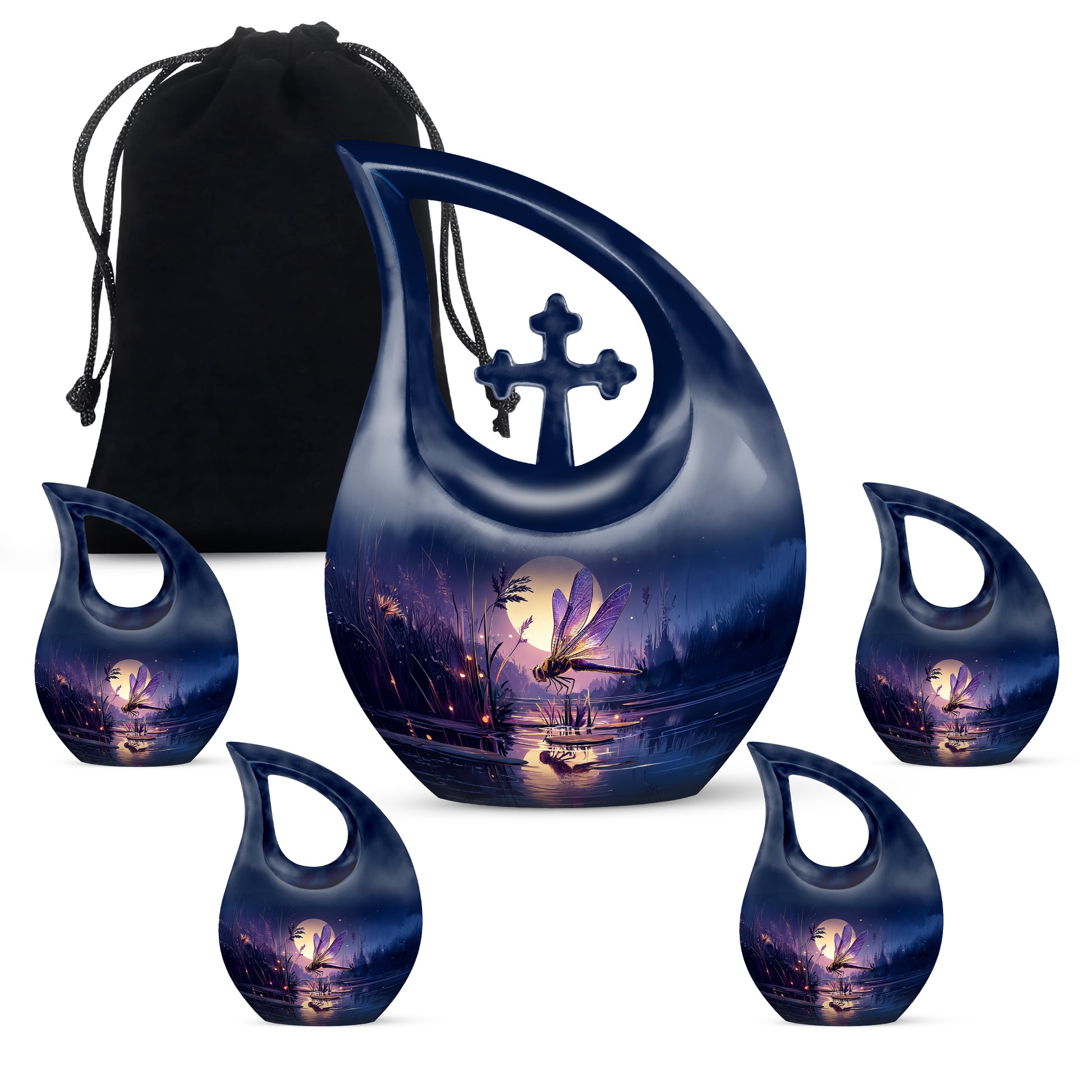 Vivid Blue Dragonfly Cremation Urn urn with complimentary velvet bag - devotional cross-drop dragonfly engraving - memorial set with one large and four small urns