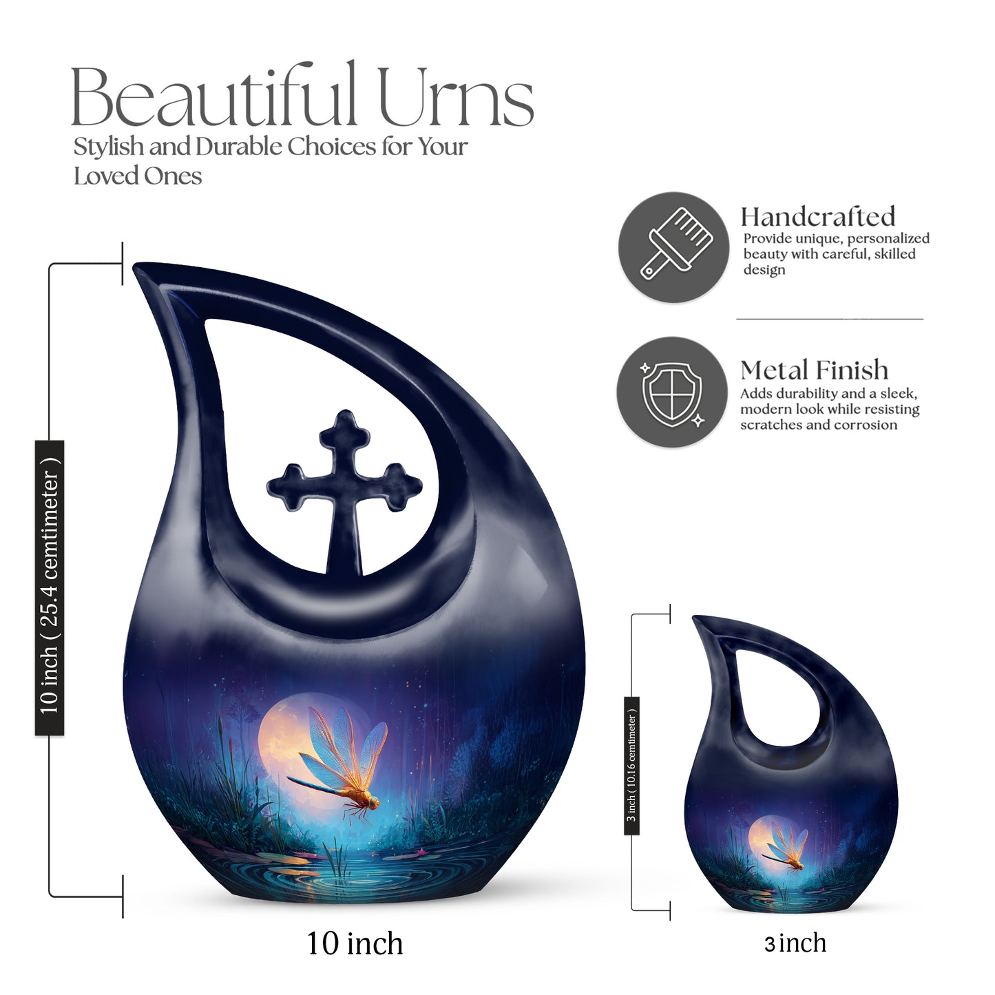Steel Blue Dragonfly Cremation Urn back view with polished surface - devotional cross-drop dragonfly engraving - mini keepsake memorial for portion of cremation ashes