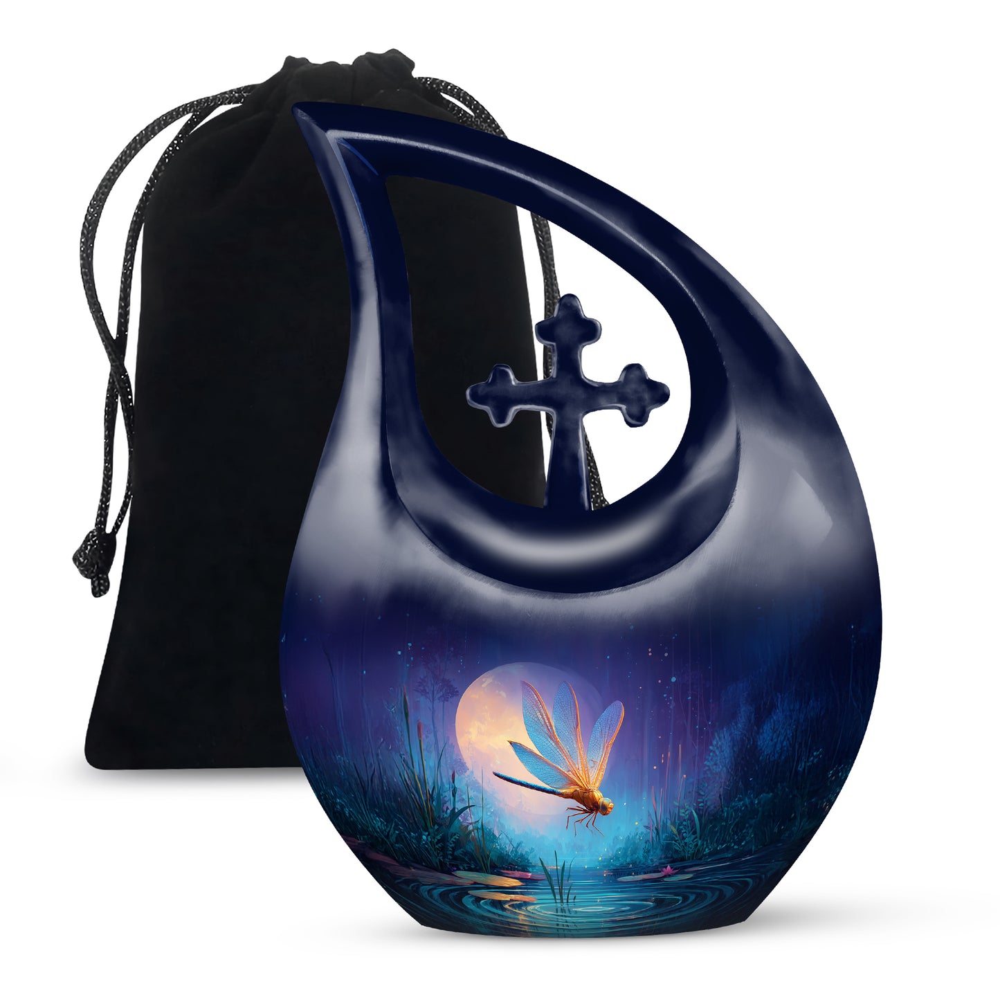 Slate Blue Dragonfly Cremation Urn top-down view of secure threaded lid - sacred cross merged with dragonfly motif on metal - full-size 10 inch 200 cubic inch adult cremation urn