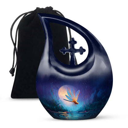 Slate Blue Dragonfly Cremation Urn top-down view of secure threaded lid - sacred cross merged with dragonfly motif on metal - full-size 10 inch 200 cubic inch adult cremation urn
