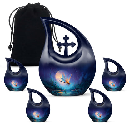 Serene Blue Dragonfly Cremation Urn urn with complimentary velvet bag - faith-inspired cross-drop urn with dragonfly pattern - memorial set with one large and four small urns