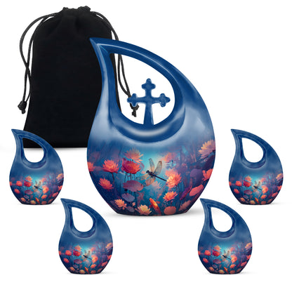 Mystic Teal Dragonfly Cremation Urn urn with complimentary velvet bag - faith-inspired cross-drop urn with dragonfly pattern - memorial set with one large and four small urns