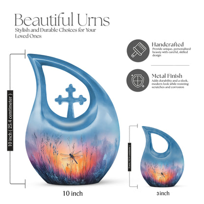 Twilight Blue Dragonfly Cremation Urn back view with polished surface - faith-inspired cross-drop urn with dragonfly pattern - mini keepsake memorial for portion of cremation ashes