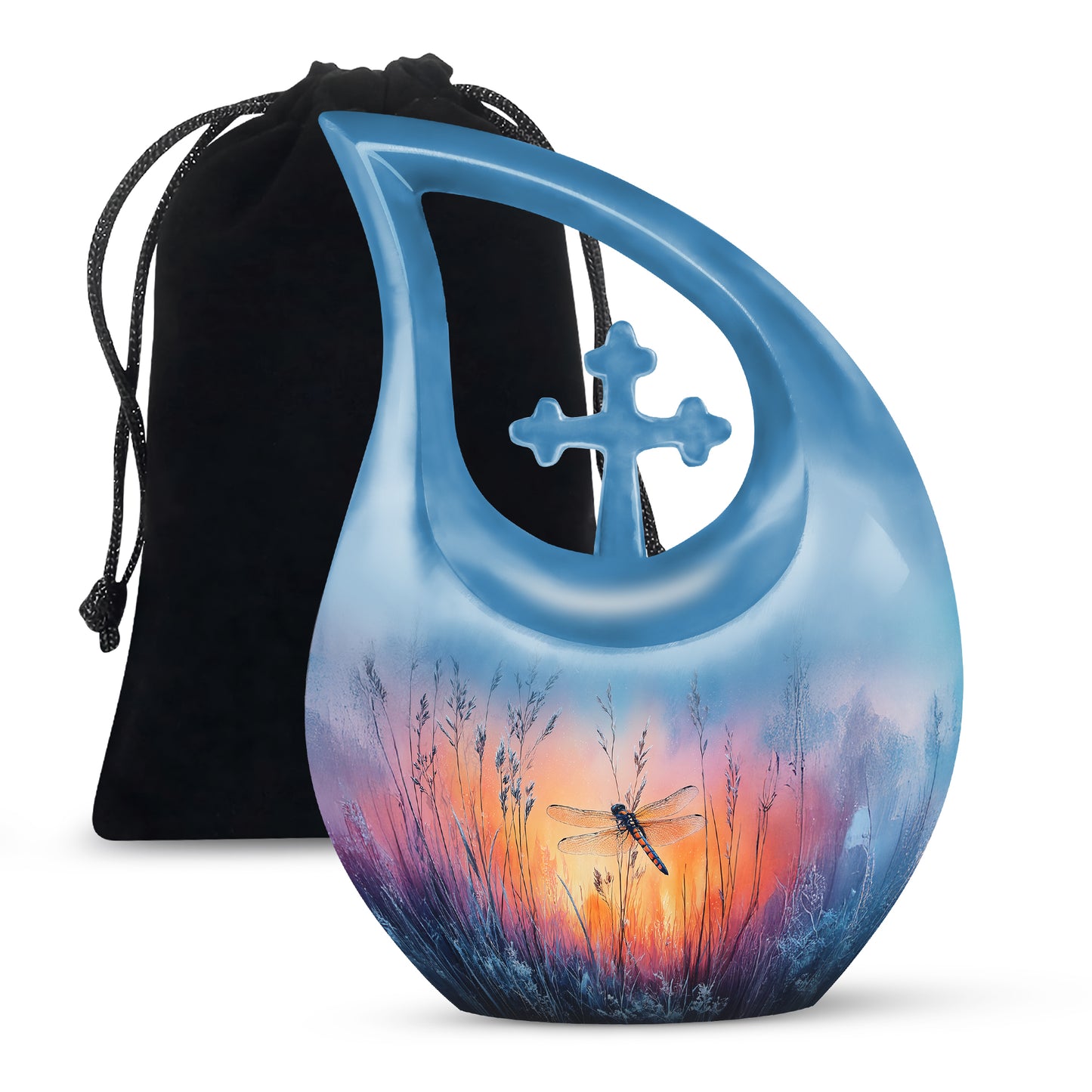 Twilight Blue Dragonfly Cremation Urn top-down view of secure threaded lid - faith-inspired cross-drop urn with dragonfly pattern - full-size 10 inch 200 cubic inch adult cremation urn