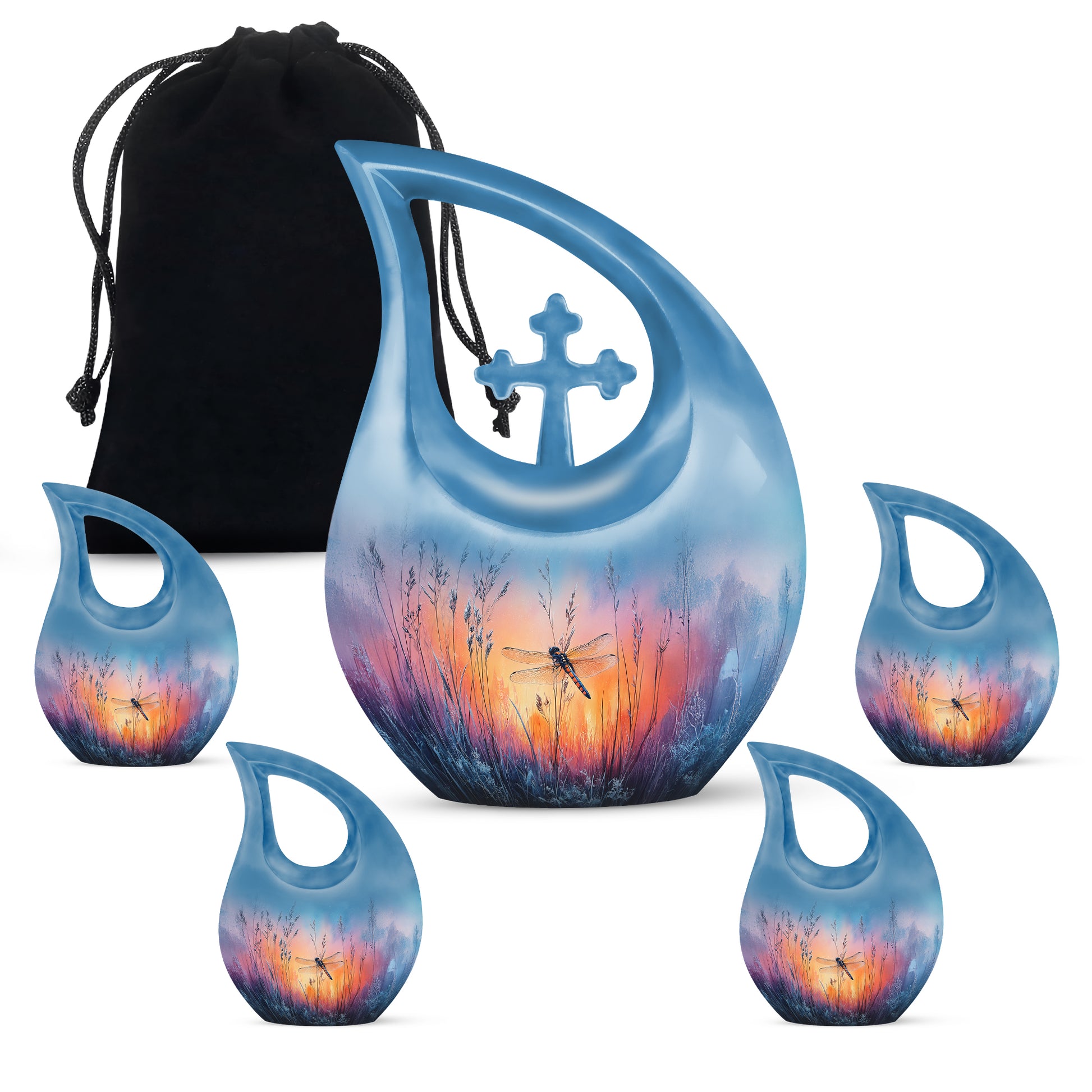 Azure Dragonfly Cremation Urn urn with complimentary velvet bag - cross and dragonfly combined in spiritual memorial design - memorial set with one large and four small urns