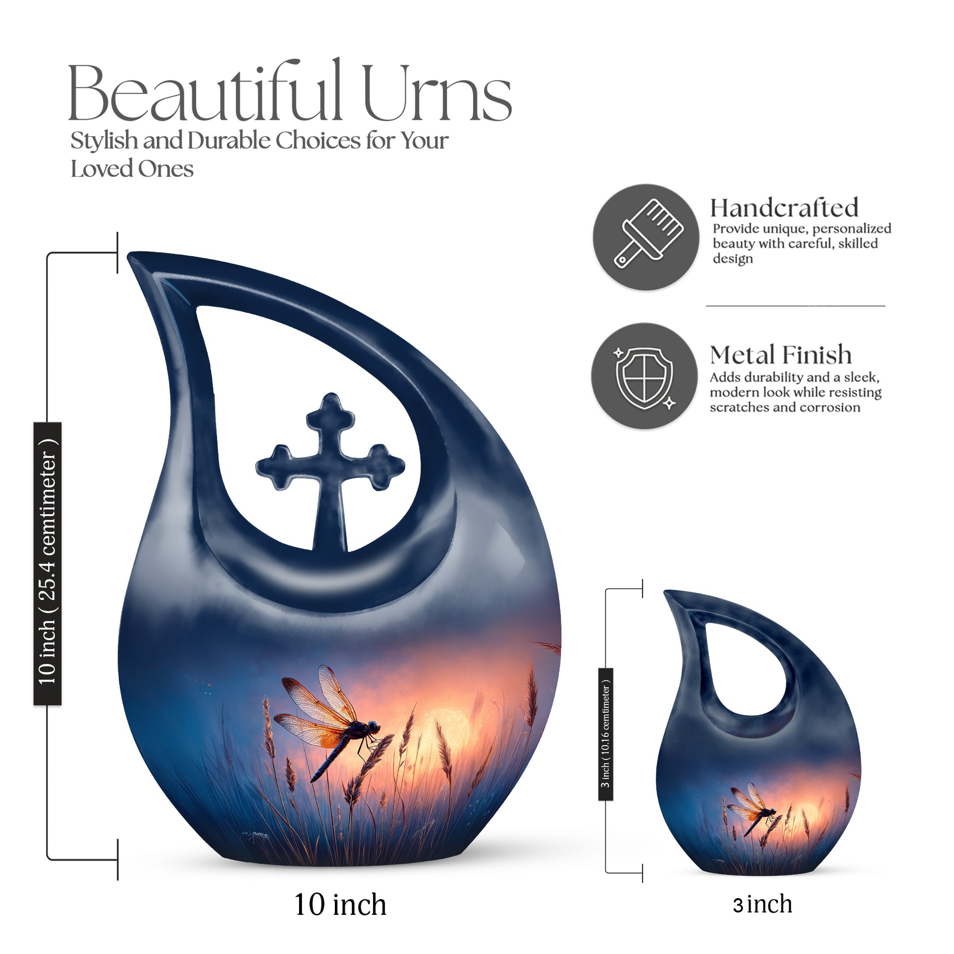 Navy Blue Dragonfly Cremation Urn back view with polished surface - sacred cross merged with dragonfly motif on metal - mini keepsake memorial for portion of cremation ashes